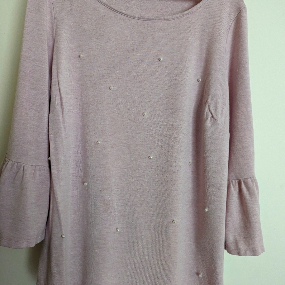 Zac & Rachel PRETTY Solid Pink With Pearls And 3/4 Flared Sleeves Top 2X